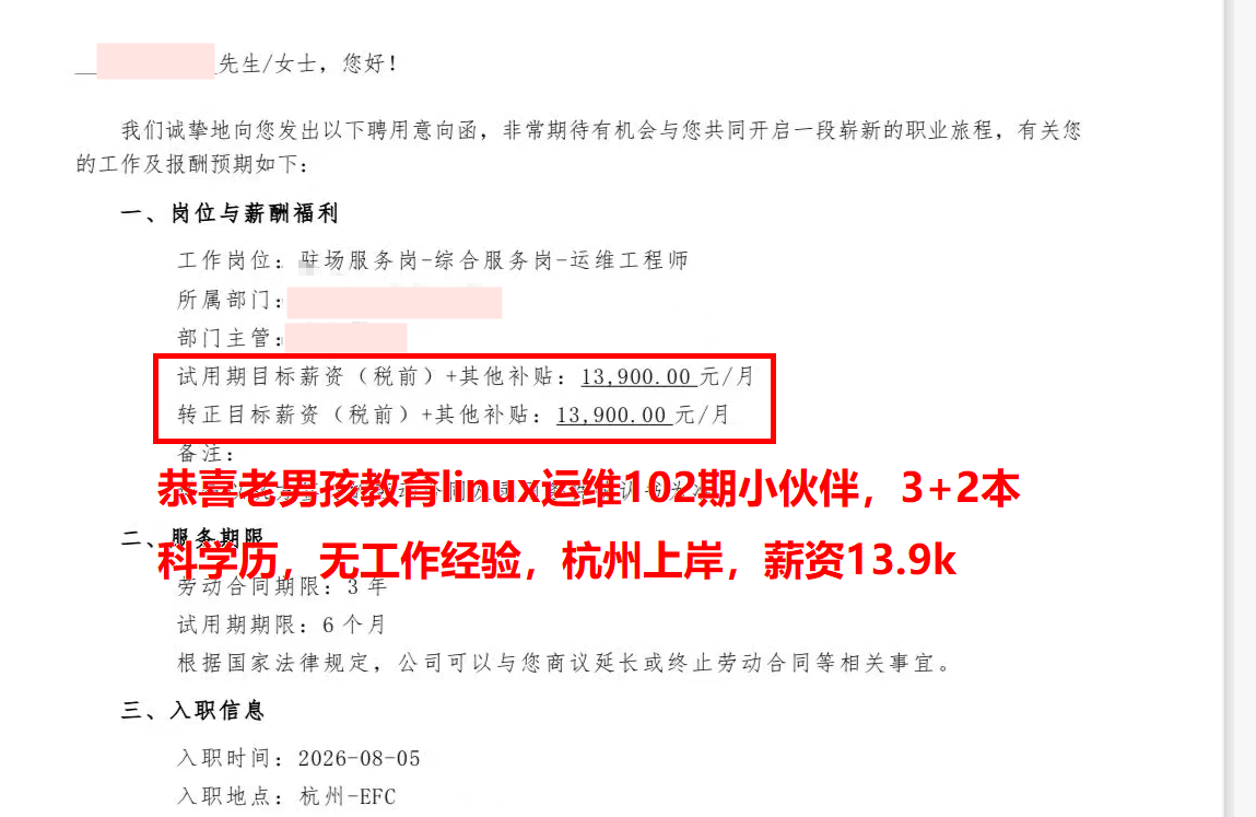 老男孩102期linux学员offer